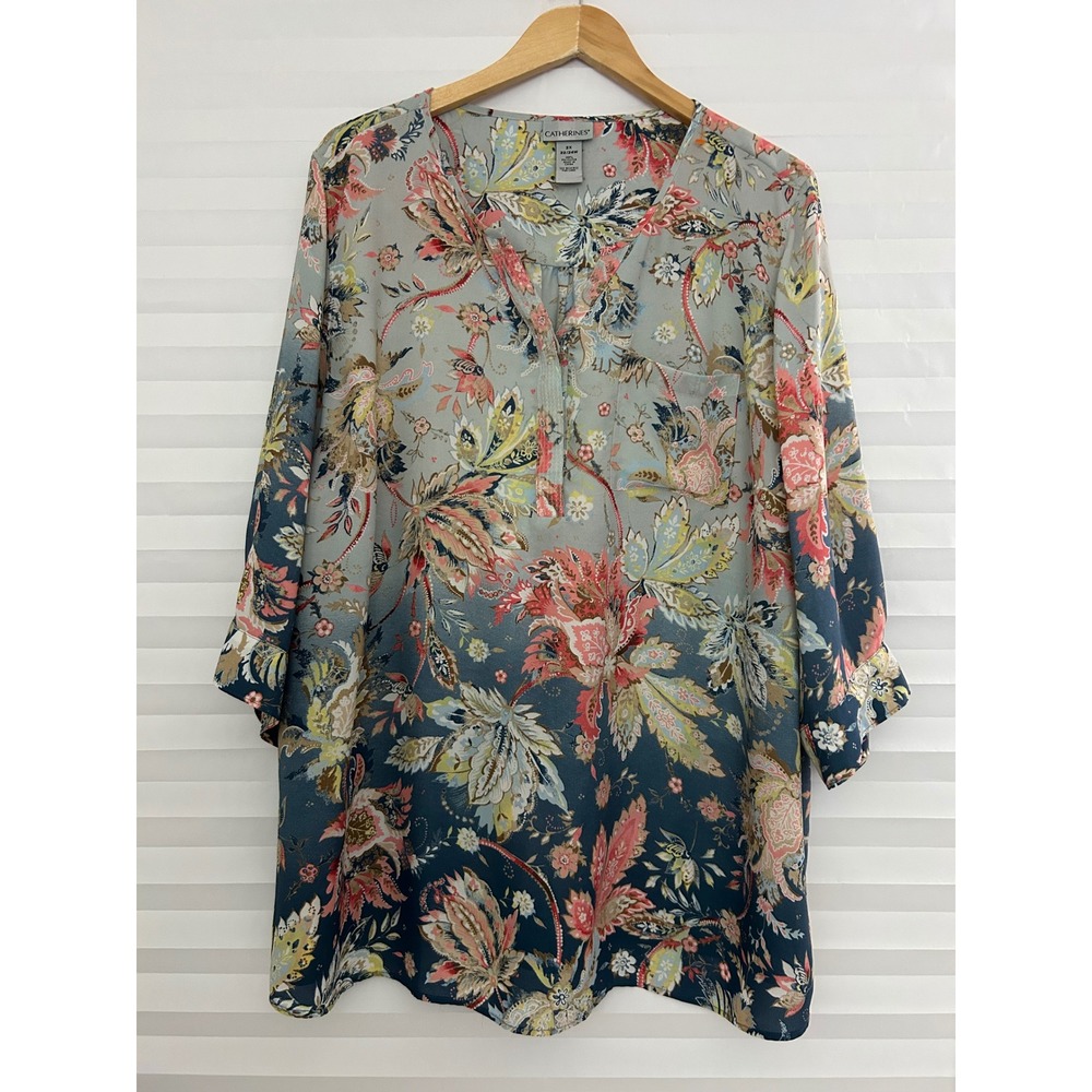 Catherines Womens 2X 22/24W Blue Pink Ombre Floral Paisley Tunic Blouse Top